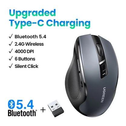 Rato sem fios UGREEN Bluetooth 5.0 ergonómico, 4000DPI, 6 botões silenciosos, para MacBook, tablet, portáteis, computador e PC, rato 2.4G