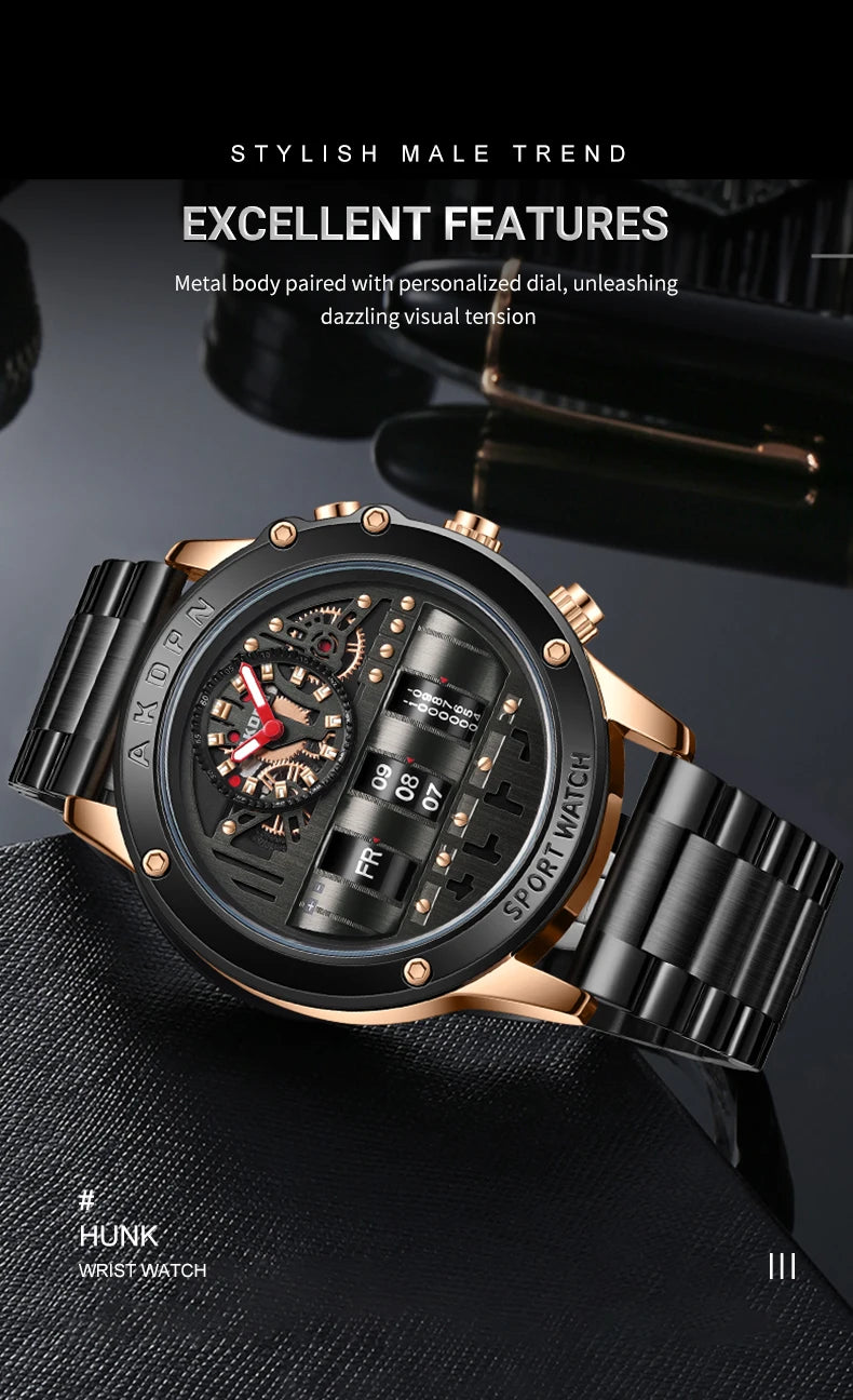 Luxury Electronic Quartz Watch For Men Business Watches Male Creative Men WristWatch Unique Rotate Date Leather Strap Watches