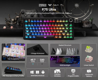 EPOMAKER x AULA F75 Ultra VIA programmierbare mechanische Tastatur, 75 %, ANSI-US-QWERTY-Layout, Gasket-Mount, kabelgebunden/Bluetooth/2.4Ghz kabellos