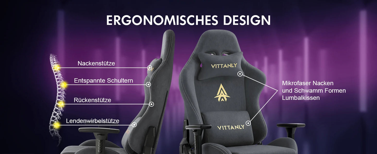 Vittanly Gaming Chair Ergonomic Office Chair with Footrest, Breathable Fabric Adjustable Rotating Computer Chair with 3D Armrests for Gaming & Work
