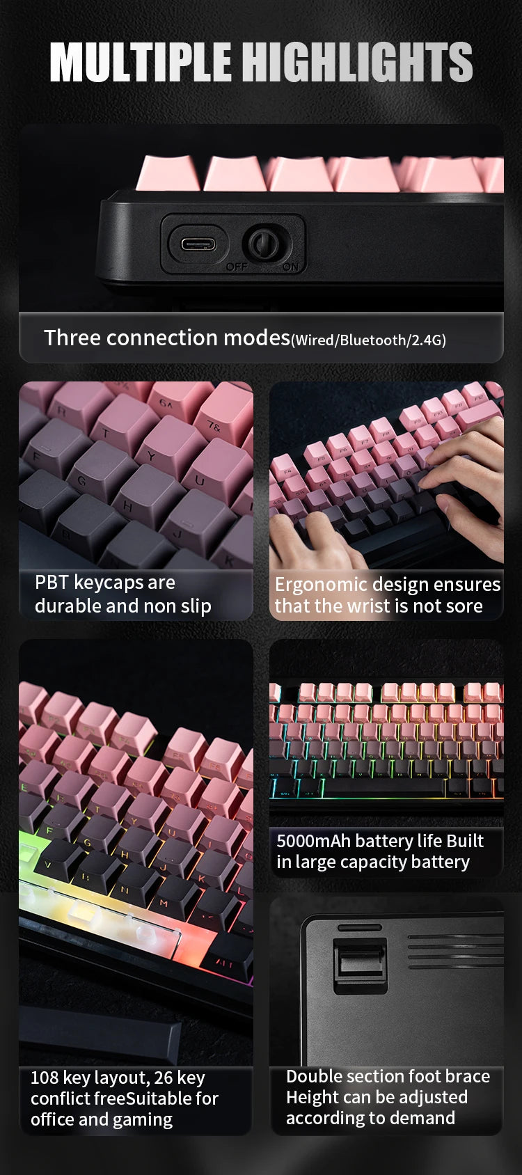Teclado Bluetooth V108 Pro para oficina, bajo nivel de ruido, 2.4G, con cable e inalámbrico, diseño completo, membrana con retroiluminación RGB