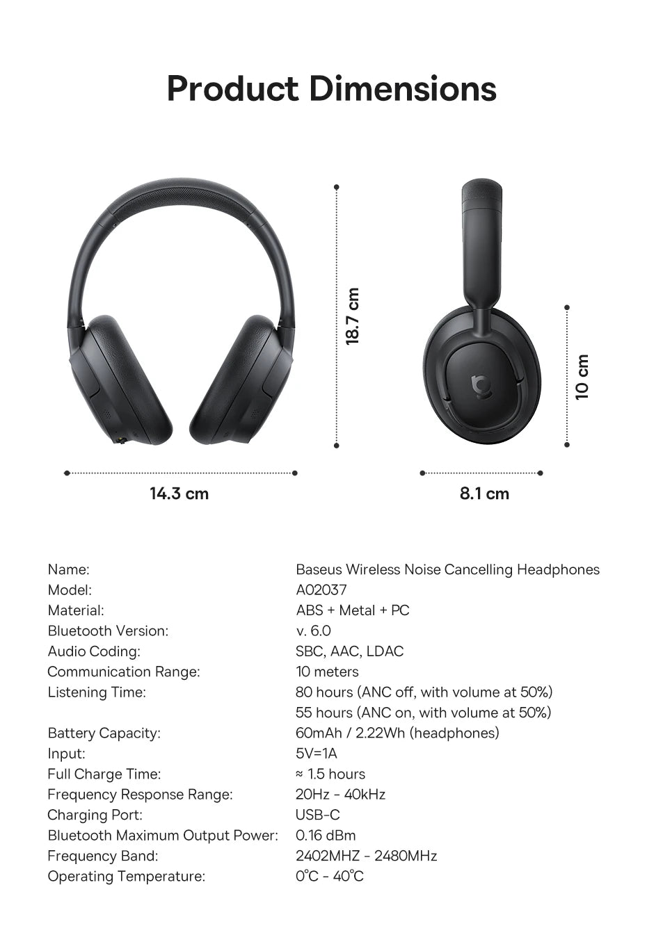 Baseus Bass EH10 NC Wireless Headphones Bluetooth 6.0 Noise Canceling 45dB Over Ear HeadsetSpatial Audio Earphone 80H Time