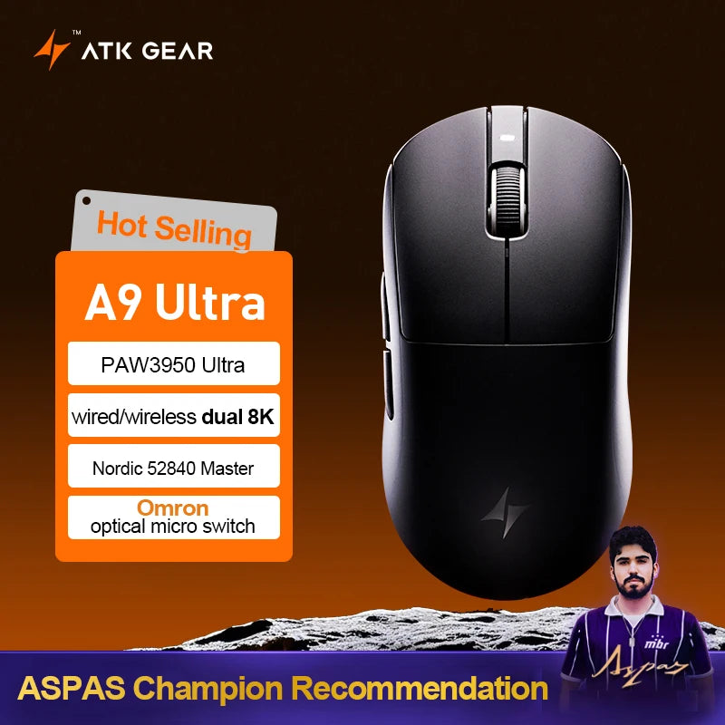Mouse de gaming wireless ATK Dragonfly A9 Ultimate A9 Air PAW3950, ultra-ușor, ergonomic, pentru e-sports gamer FPS CSGO A9 Ultra