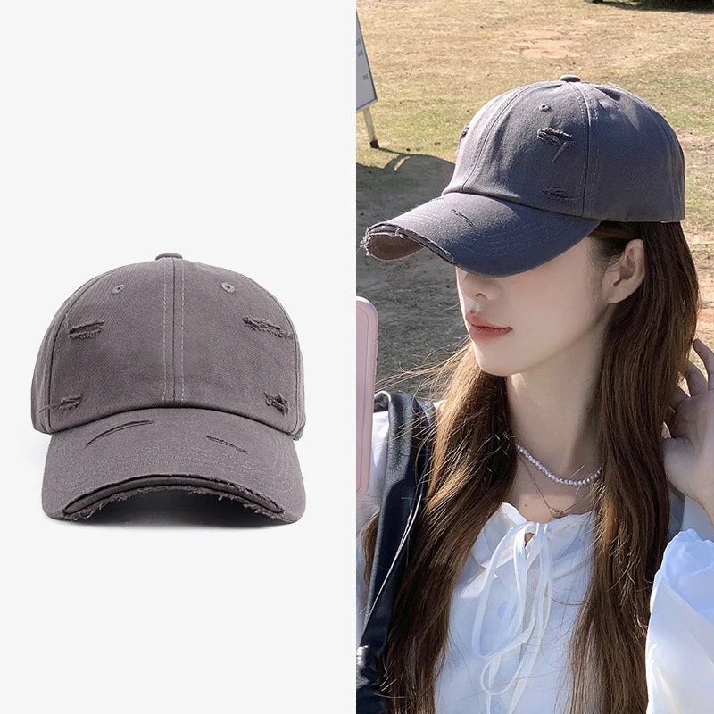 Ny forårs- og sommerhat til mænd og kvinder i hip-hop-stil – alsidig, blød top, buet skygge, retro-look med slidte huller og duckbill-form