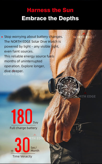 NORTH EDGE 2025 NEW+ TRITON-TI Titanium Solar-Powered Diving Watch Luxury Quartz Watches for Men 300M Waterproof 180+ Day Power