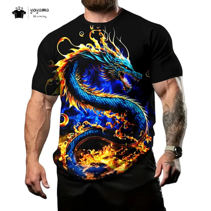 T-shirts för herr med drakmönster, kortärmad T-shirt, trendig streetwear-topp med O-ringning, djurmönster i 3D-tryck, lös och mångsidig herrklädsel