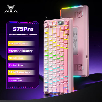 Tastiera meccanica AULA S75 PRO 75% layout personalizzato, retroilluminazione RGB, wireless Bluetooth, tastiera da gaming con schermo e manopola
