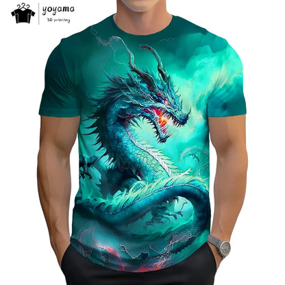 T-shirts för herr med drakmönster, kortärmad T-shirt, trendig streetwear-topp med O-ringning, djurmönster i 3D-tryck, lös och mångsidig herrklädsel