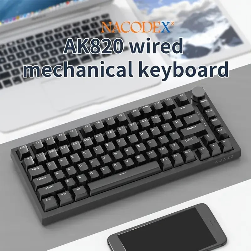 AJAZZ AK820 Mechanical Keyboard Hot-Swappable 82-Key Wired Keyboard with Rotary Volume Knob for Office, Gaming & Home
