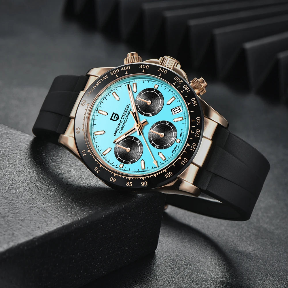 PAGANI DESIGN New Gold Blue Luxury Quartz Watch For Men Gift Box VK63 Movt Chronograph Sapphire Crystal Stainless Steel Watch
