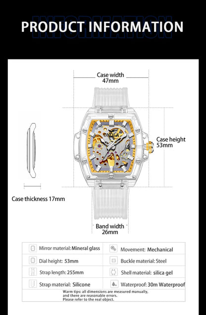 Luxury men's watch onola plastic transparent hollow full automatic mechanical watches men waterproof clock