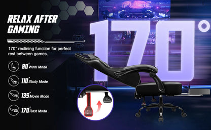 AUTHMIC Ergonomic Gaming Chair with 170° Reclining Backrest, Foldable Footrest, Soft Armrests, Supports150kg,Breathable Material