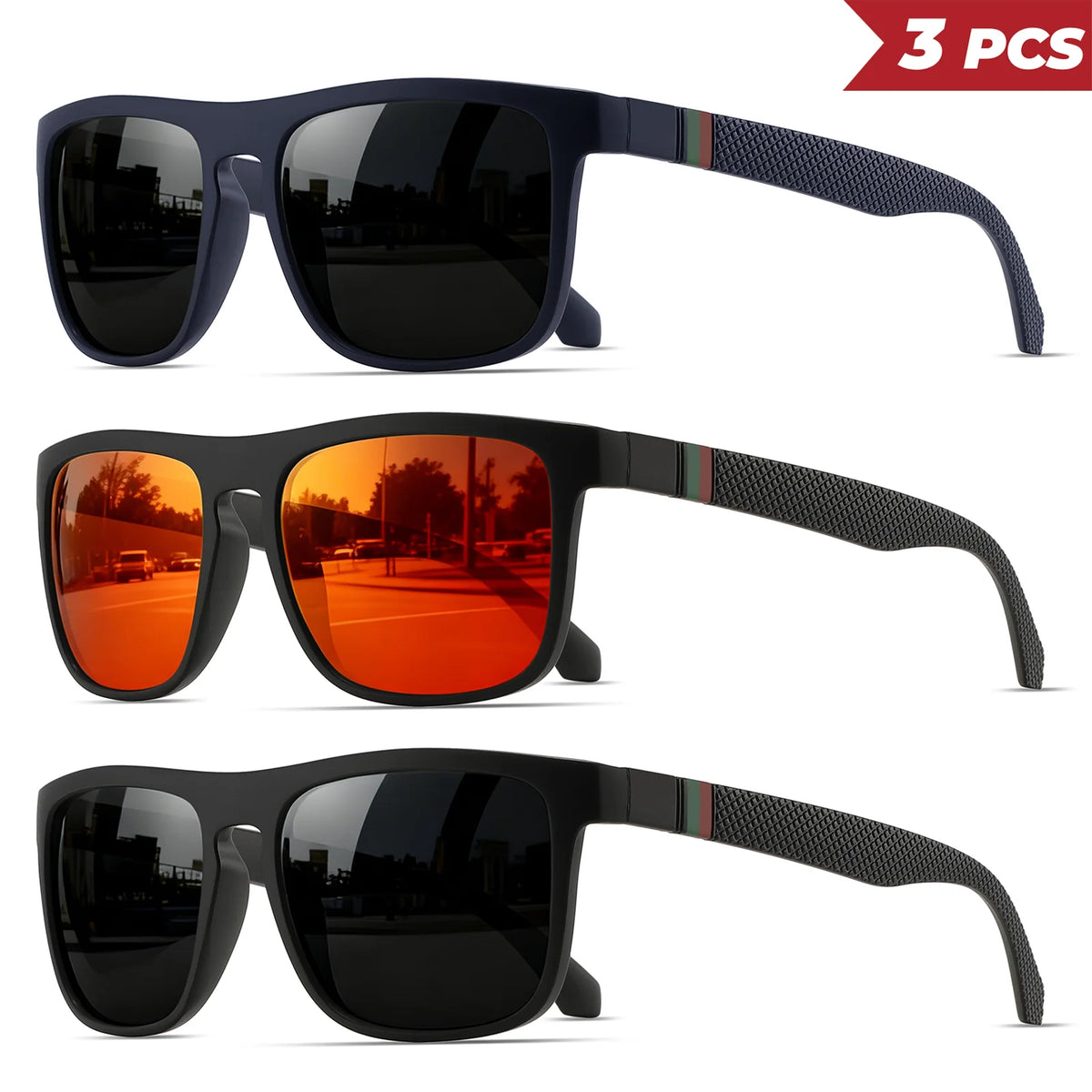 3 ks klasických retro polarizovaných čtvercových slunečních brýlí – červené/zelené pruhované stranice, UV400, unisex, pro každodenní nošení, outdoor, rybaření a řízení