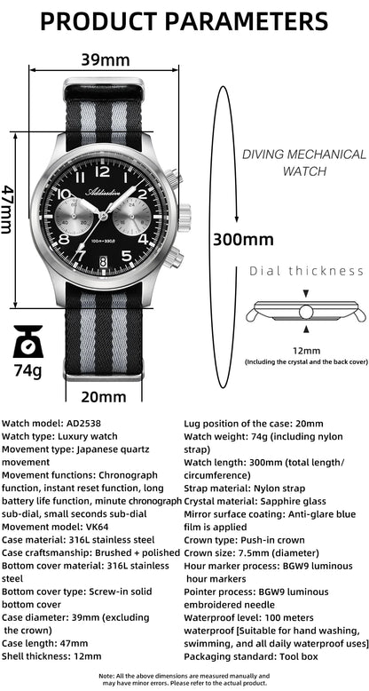 ADDIESDIVE 2025 New Panda Eye Men's Watches Retro Luxury VK64 Quartz Watch For Men Sport Chronograph 100M Waterproof Luminous