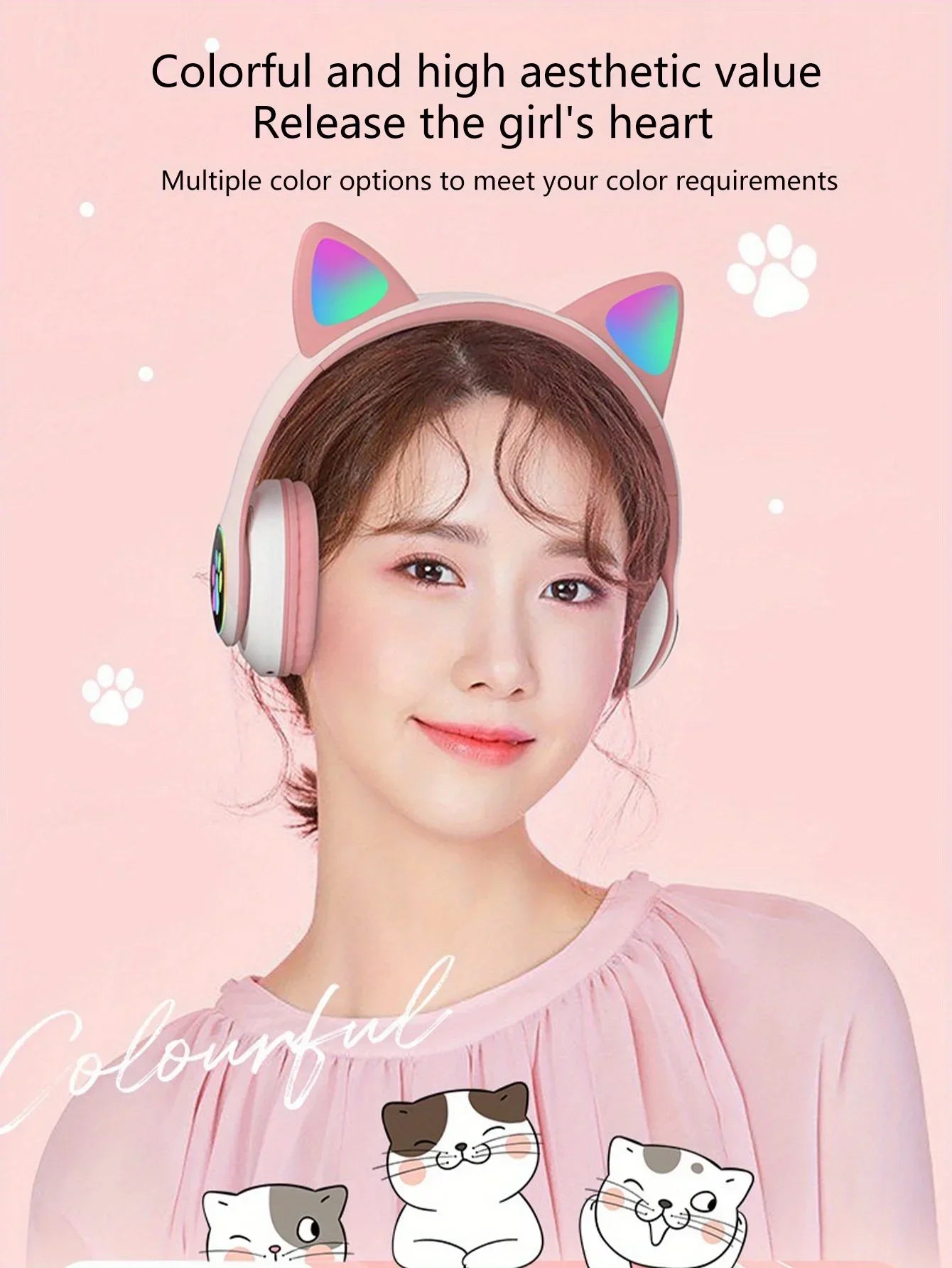 Cute Cat Ears Wireless Bluetooth Headphones with Mic LED Lights, Kids Stereo Music Headset, Cat Ear Wireless Headphones with Noise Cancelling, Gaming & Gift Headphones