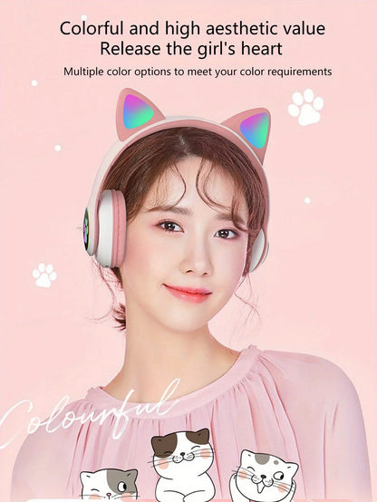 Cute Cat Ears Wireless Bluetooth Headphones with Mic LED Lights, Kids Stereo Music Headset, Cat Ear Wireless Headphones with Noise Cancelling, Gaming & Gift Headphones