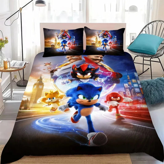 Conjunto de Capa de Edredão The Movie H-Hedgehog S-SonicES 3 em Algodão Lavado Macio, Roupa de Cama Confortável de Verão para Dormitório de Estudante e Casa, 2/3 Peças