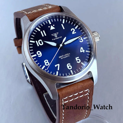 Tandorio 39mm Luxury Pilot Style Automatic Mechanical Men Watch For Miyota 8215 Movement 20ATM Luminous Diver Wristwatch Leather