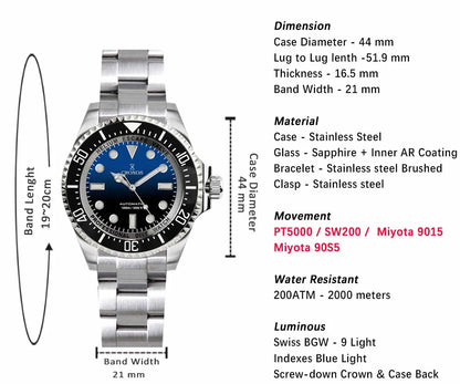 Cronos Automatic Diving Watch Stainless Steel 2000Meters Water Resistance Professional Diver PT5000 SW200 Miyota9015 90S5 L6027M