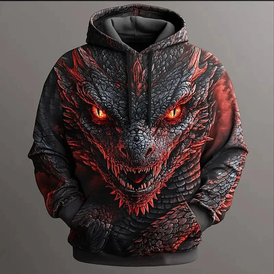 Sweatshirts com Capuz 3D Dragon para Homem, Estilo Moderno e Casual, Manga Comprida, Gola Redonda, para Festa, Férias e Streetwear, Outono/Inverno, Casaco de Fato de Treino
