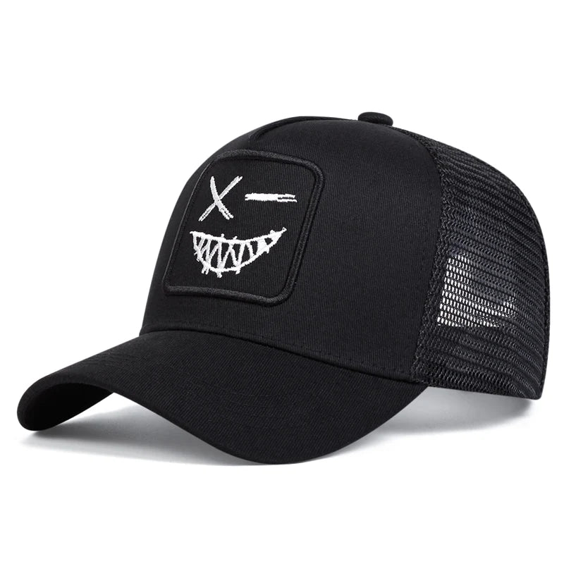 Czapki z daszkiem typu „trucker” unisex z haftem przedstawiającym uśmiechniętą twarz z zębami, z siateczką baseballową, na wiosnę i lato, chroniące przed słońcem, z regulowanym paskiem, na co dzień