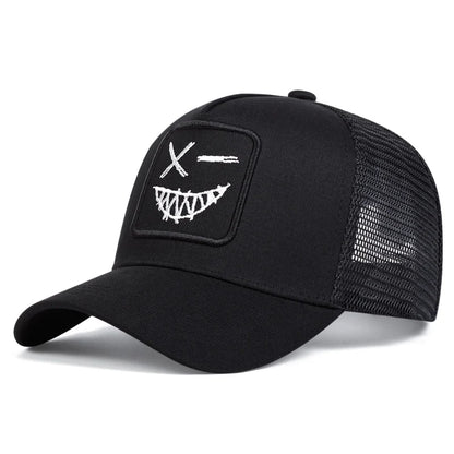 Czapki z daszkiem typu „trucker” unisex z haftem przedstawiającym uśmiechniętą twarz z zębami, z siateczką baseballową, na wiosnę i lato, chroniące przed słońcem, z regulowanym paskiem, na co dzień