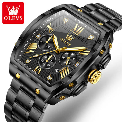 OLEVS New Design Tonneau Watch Men Luminous Waterproof Date Stainless Steel Chronograph Quartz Watches for Men Relogio Masculino