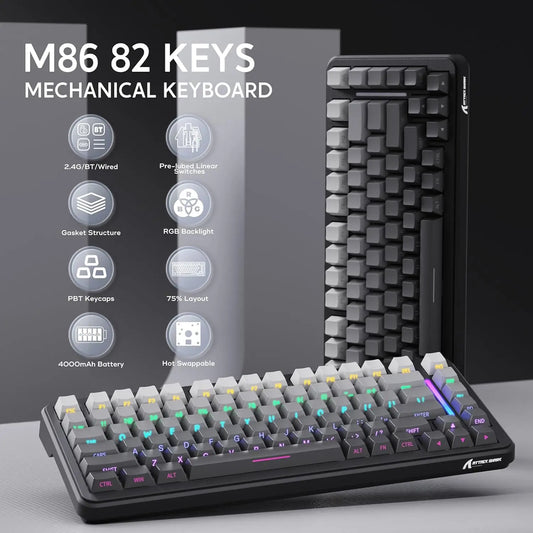 ATTACK SHARK M86 Wireless Mechanical Gaming Keyboard, 75% Gasket Hot Swappable RGB Mechanical Keyboard with Side-Printed PBT Keycaps, Tri-Mode Custom Gaming Keyboard