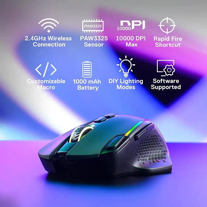 Ratón gaming inalámbrico Redragon M810 Pro, ratón gamer con cable de 10000 DPI con tecla Rapid Fire, 8 botones macro, negro/blanco