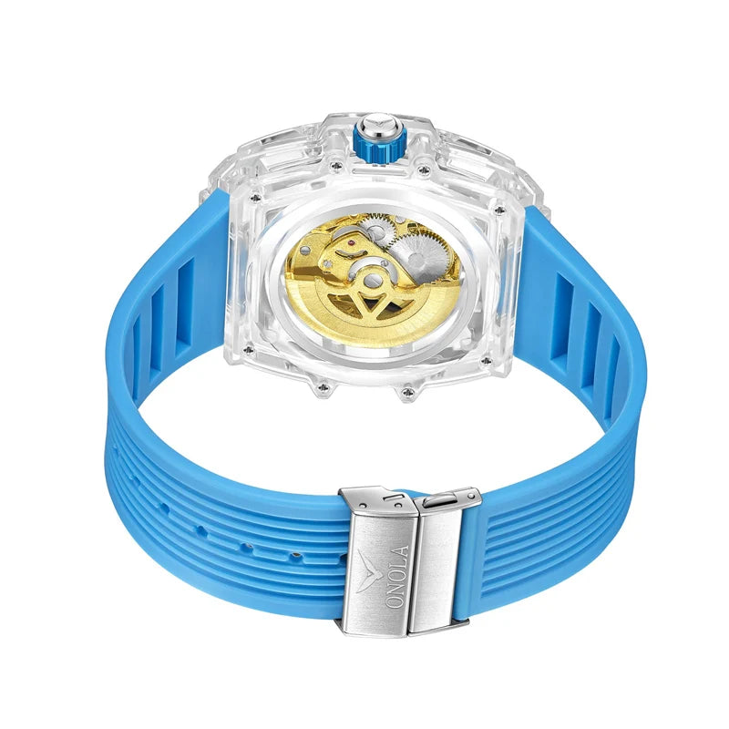 Luxury men's watch onola plastic transparent hollow full automatic mechanical watches men waterproof clock