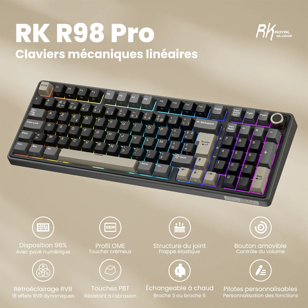 RK ROYAL KLUDGE R98Pro Gasket Wired Mechanical Keyboard 98 Keys RGB Hot-swappable Pluggable Button Gamer Keyboard PBT Keycaps