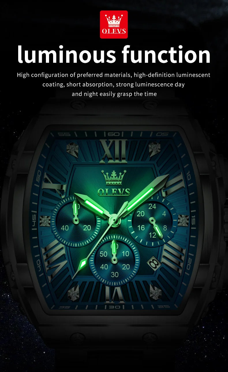 OLEVS New Design Tonneau Watch Men Luminous Waterproof Date Stainless Steel Chronograph Quartz Watches for Men Relogio Masculino