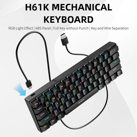 H61K USB-Type C Wired Mechanical Keyboard Red Switch RGB Backlit 61 Keys English Spanish Wired Keyboard for Game Office