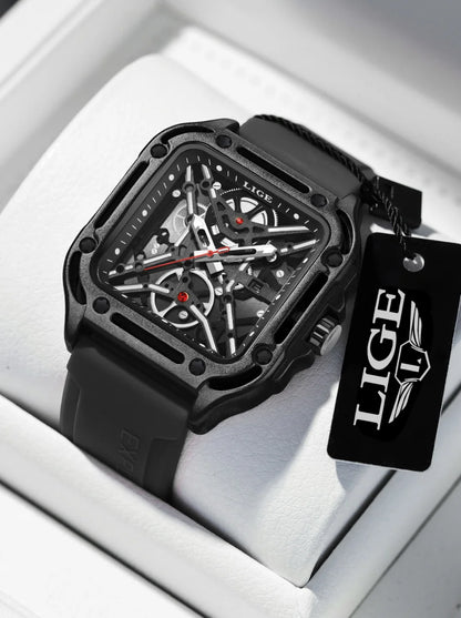 LIGE New Fashion Men Watches Luxury Large Dial Square Design Quartz Watch Casual Silicone Band Men's Sports Watches Reloj Hombre