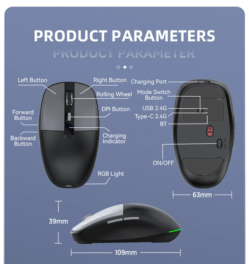 Tri-mode Mouse With Dual Receivers Type-C/USB 2.4G Bluetooth 5.1 Wireless Mouse RGB Charging Silent Mouse For Android IOS