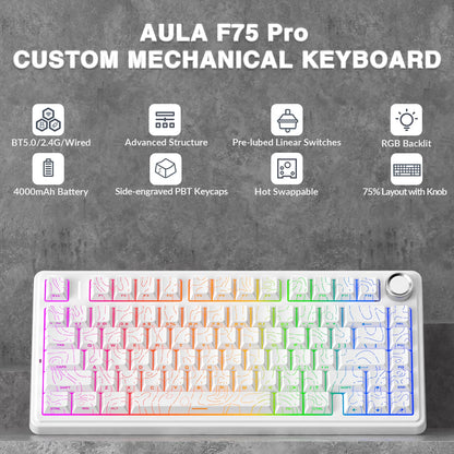 AULA F75 Pro kabellose mechanische Gaming-Tastatur mit Gasket-Mount, RGB, anpassbar, 75-%-Layout und seitlich gravierten PBT-Tastenkappen