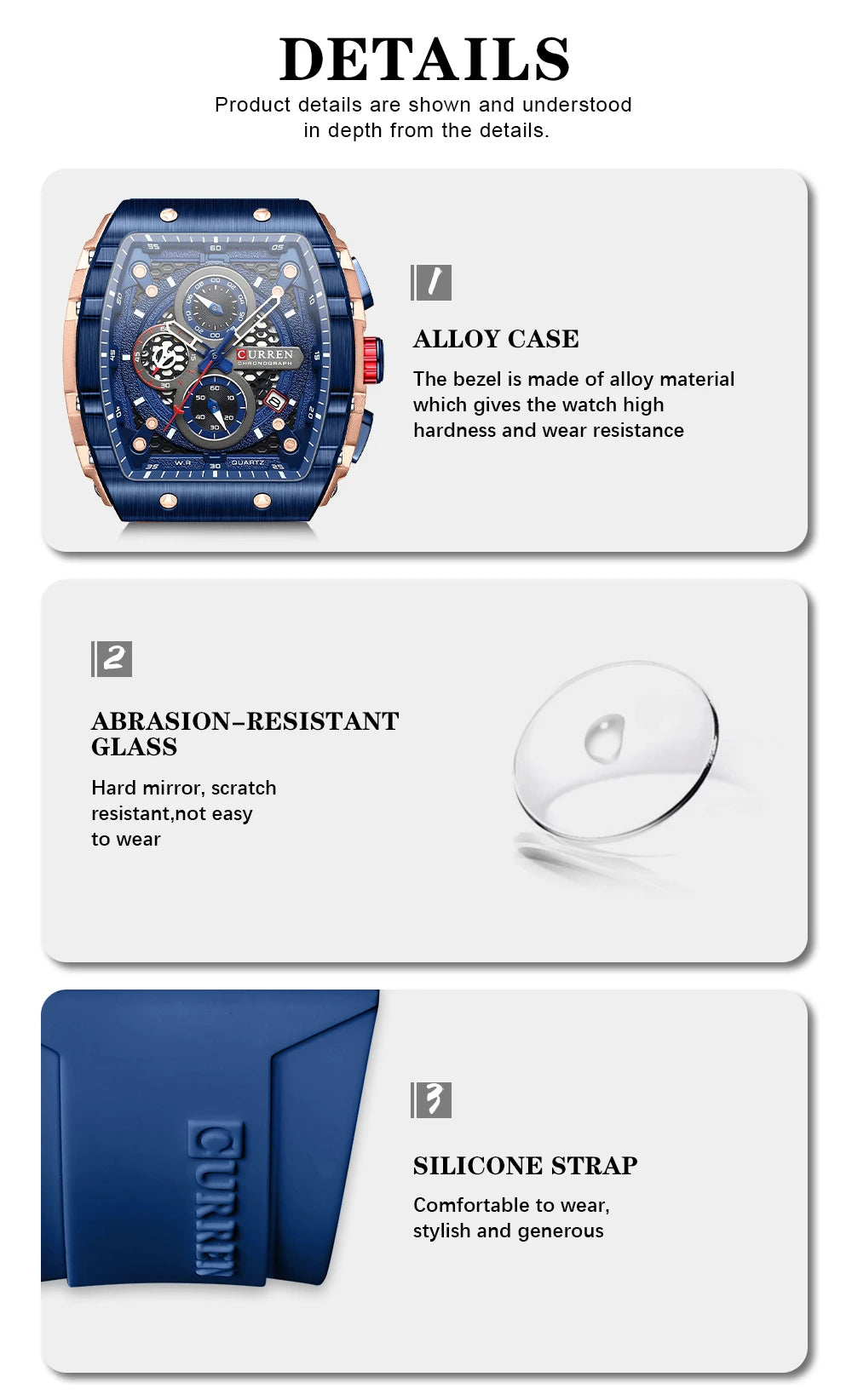 CURREN Men’s Luxury Square Quartz Chronograph Watch Waterproof, Luminous Dial & Date Display