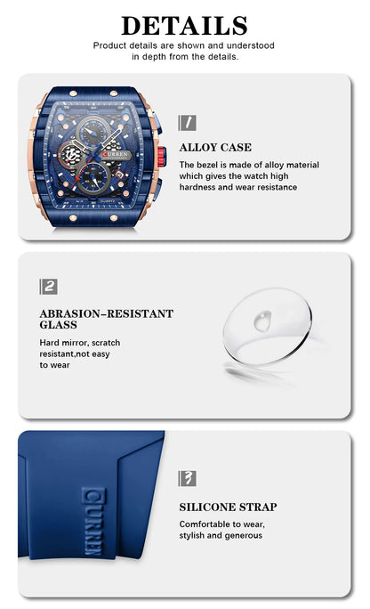 CURREN Men’s Luxury Square Quartz Chronograph Watch Waterproof, Luminous Dial & Date Display