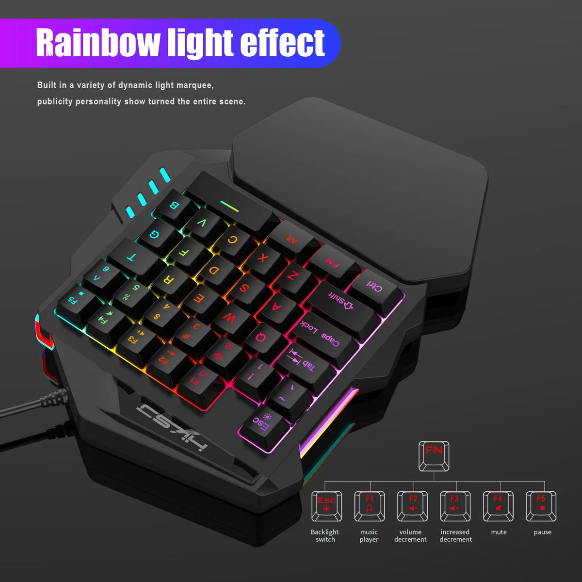 Ergonomic One-Handed Gaming Keyboard, 35-Key Compact Design, RGB Lighting, USB Powered, Thin Film Keys for Enhanced Gaming