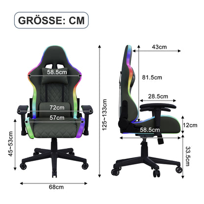LED Gaming Chair Ergonomic Office Chair with Massage Function, RGB Gaming Chair, Adjustable Reclining Backrest 90°-135°, Height Adjustable Gaming Chair for Adults up to 150kg