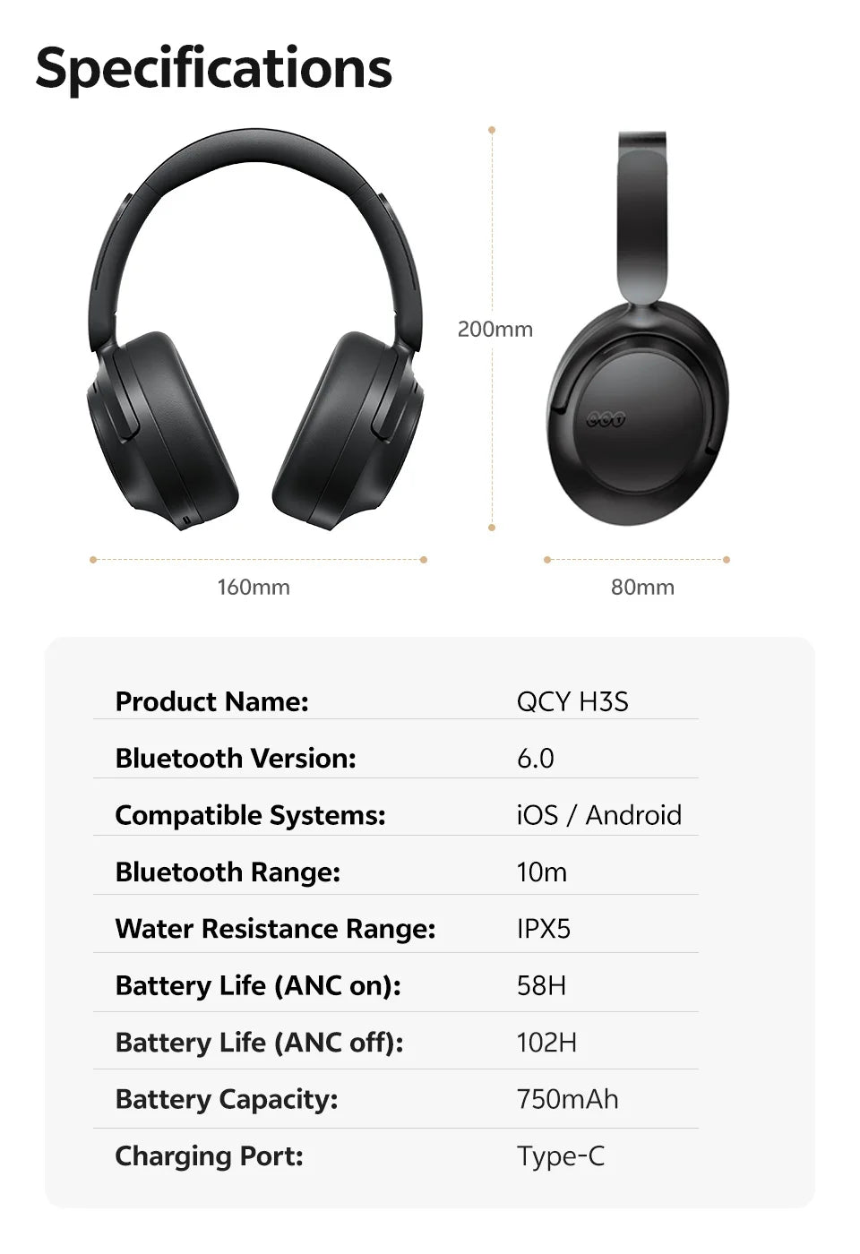 Cuffie Bluetooth 6.0 Over-Ear QCY H3S con ANC adattivo -56dB – Headset wireless Hi-Res LDAC, batteria 102H, audio spaziale Dual Driver
