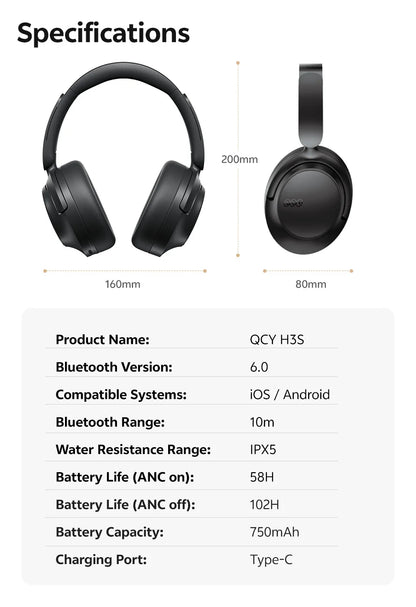 Cuffie Bluetooth 6.0 Over-Ear QCY H3S con ANC adattivo -56dB – Headset wireless Hi-Res LDAC, batteria 102H, audio spaziale Dual Driver