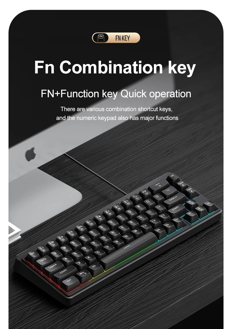 FREEWOLF M68SE Teclado con tacto mecánico de 68 teclas, mini teclado compacto con cable y silencioso para portátiles, gaming y uso de oficina