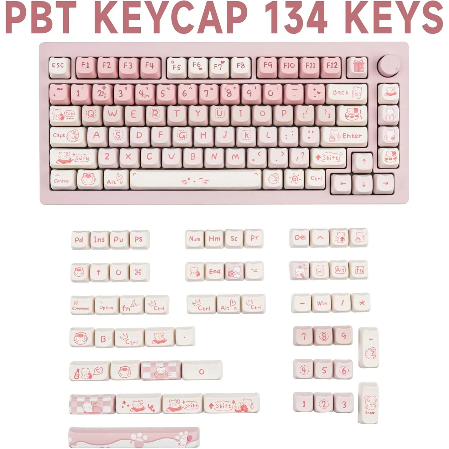 Pink Kitten, Girl MAO Keycap PBT 134 Keys, Customized for 60/84/98/108 Mechanical Keyboard