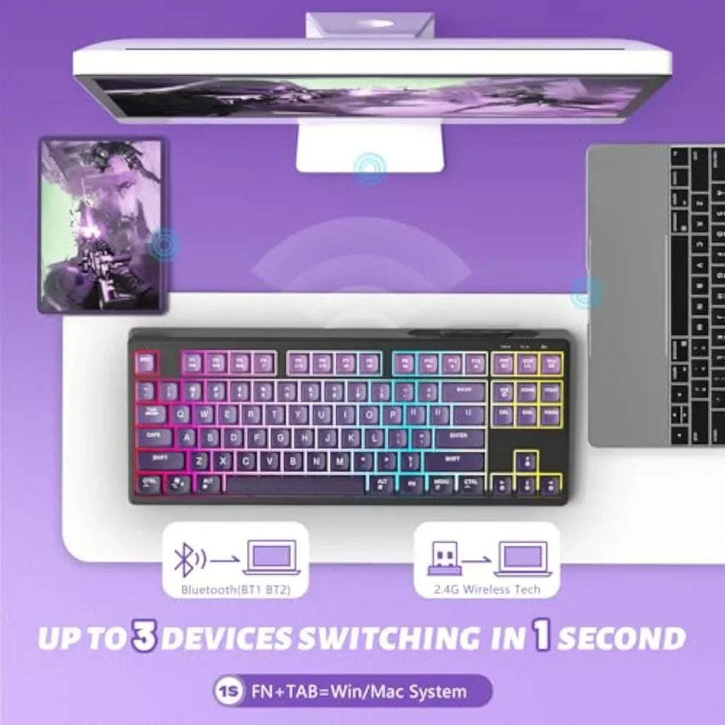Tastiera gaming wireless Free Wolf M87 75% - Switch silenziosi, retroilluminazione Rainbow, BT/2.4G, copritasti PBT sfumati, design compatto
