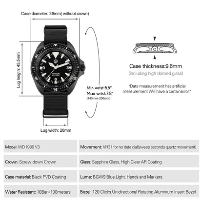 Watchdives WD1980 V3 Quartz Watch VH31 Sweep Movement Sapphire Vintage Watch 100m Waterproof Stainless Steel Luminous Mens Watch