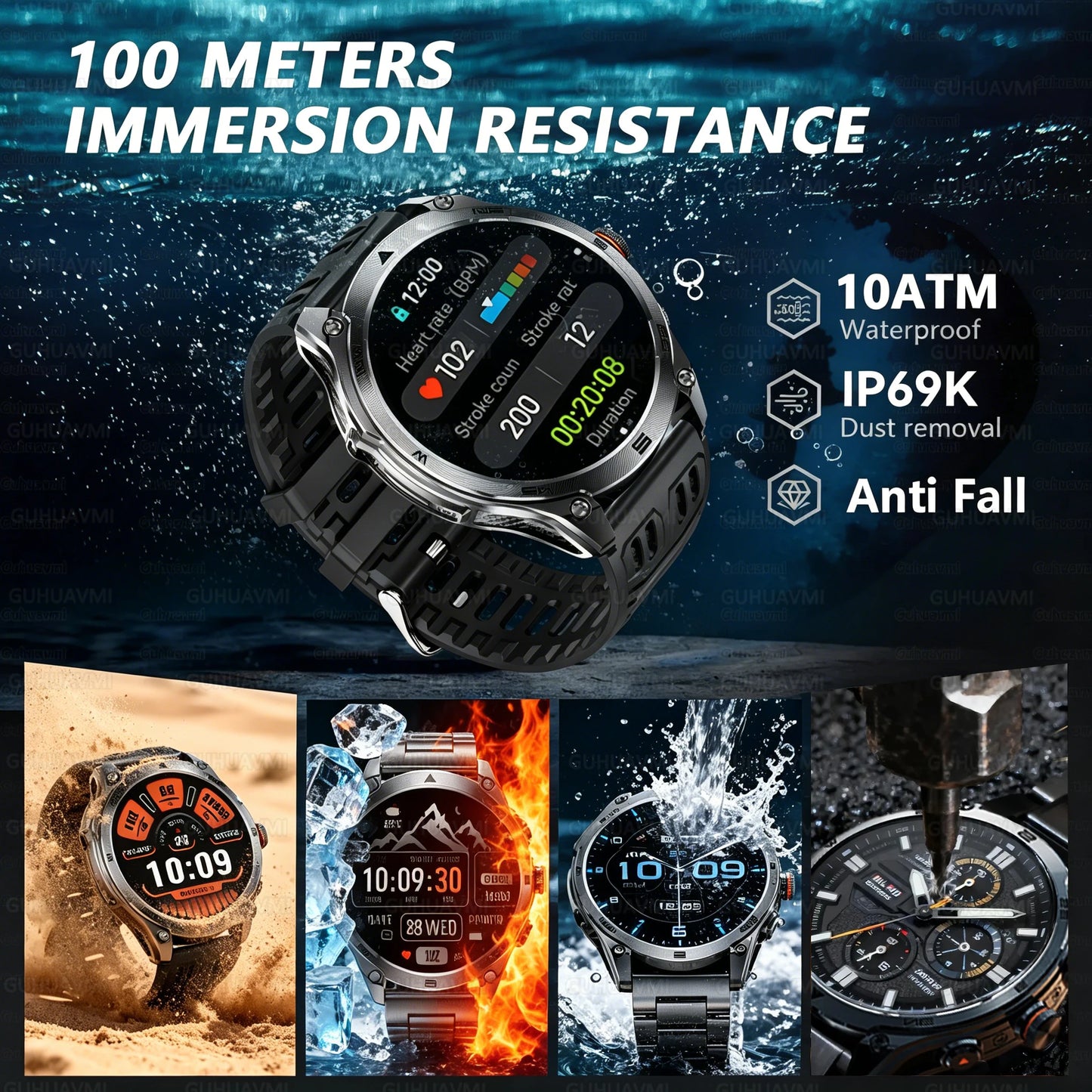 2026 New Military GPS Smart Watch 1000Mah Battery Compass IP68 Waterproof Tactics Sport Flashlight BT Call Smart Watch For Men