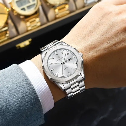 POEDAGAR Luxury Men Wristwatch Waterproof Luminous Week Date Casual Man Clock Stainless Steel Quartz Fashion Men's Watches Reloj