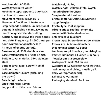 ADDIESDIVE Men's Automatic Mechanical Diving Watch 200m Waterproof C3 Ultra Bright Men's Watch Men's Leather Retro Watch AD2519