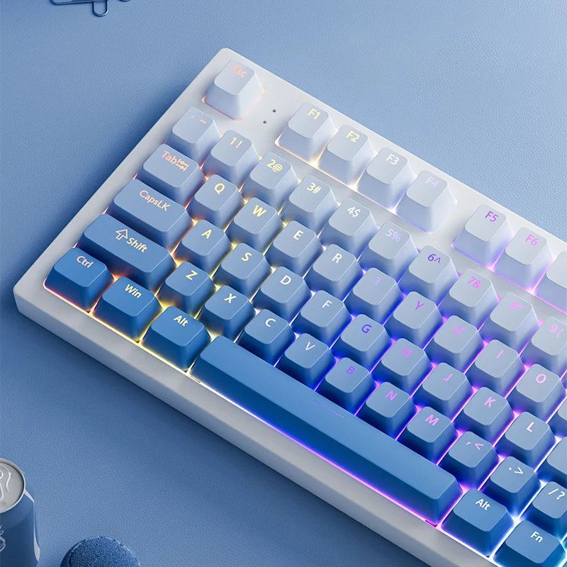 RGB-Gamer-Tastenkappen mit Farbverlauf-Hintergrundbeleuchtung für mechanische Tastaturen mit MX-Switches, OEM-Profil, PBT-Keycaps, Weiß/Blau, ISO-Layout, DIY-Tastenkappen